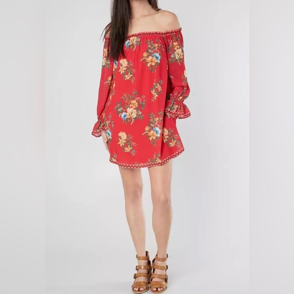Flying Tomato Boho Chic Red Floral Off Shoulder Ruffled Bell Sleeve Dress Size L - Picture 1 of 9
